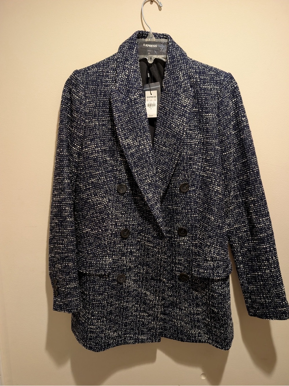 Express Men’s Navy & White Tweed Double-Breasted Blazer